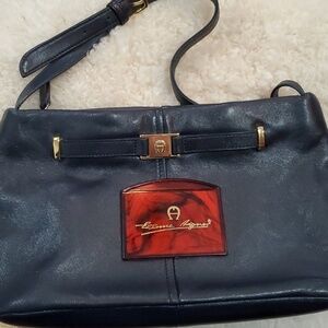 Etienne Aigner Black Leather Shoulder Bag with Gold Accents Plus Pocket Mirror